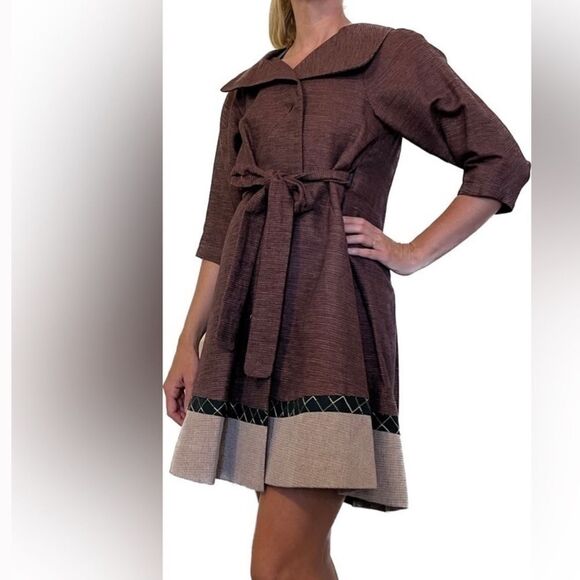 BCBG Maxazria Annabelle Cotton Linen Belted Short Sleeve Dress Coat 60s Style M - Picture 1 of 10